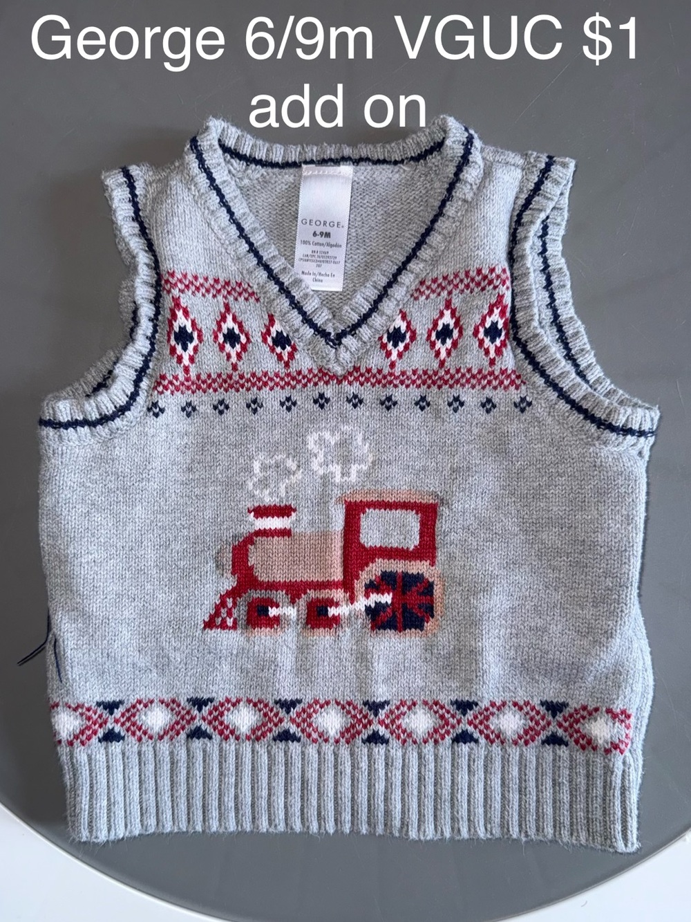 George Gray Knit Train Motif Sweater Vest with Red & Navy